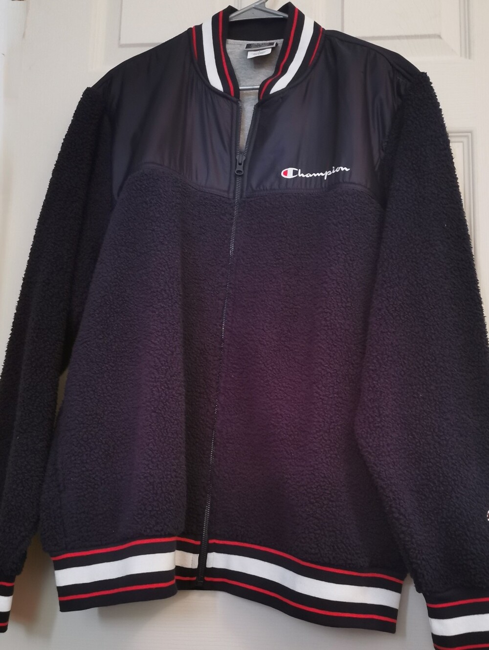 Champion dark Navy blue Sherpa Full-Zip Jacket with Red & White Striped Trim